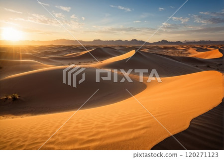 Golden Sand Dunes in Desert with Distant Mountains Golden Sand Dunes in Desert with Distant Mountains 120271123