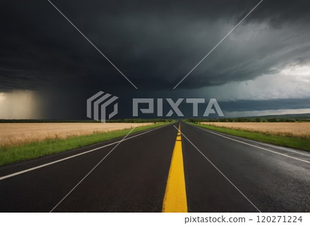 Empty Road Leading Towards Dark Stormy Sky Over Fields 120271224