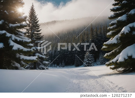 Snow Covered Pine Forest in Serene Winter Landscape Snow Covered Pine Forest in Serene Winter Landscape 120271237