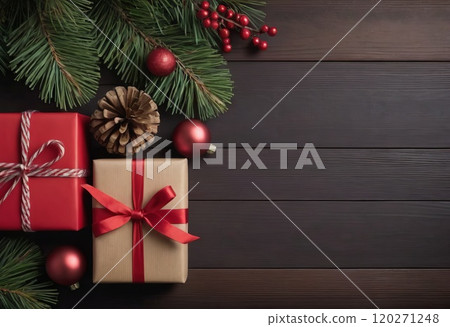 Christmas Gift Boxes with Pine Cones and Greenery on Wooden Background Christmas Gift Boxes with Pine Cones and Greenery on Wooden Background 120271248