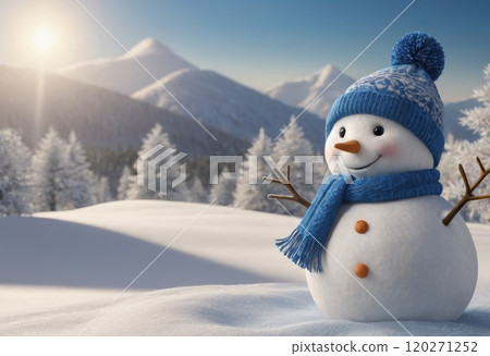 Cheerful Snowman with Blue Hat and Scarf Holding Broom in Winter Landscape Cheerful Snowman with Blue Hat and Scarf Holding Broom in Winter Landscape 120271252