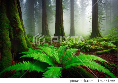 Misty Forest with Lush Ferns and Mossy Trees Misty Forest with Lush Ferns and Mossy Trees 120271266