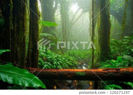Misty Forest with Mossy Trees and Lush Ferns 120271297