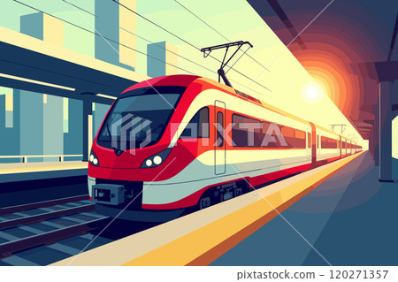 Modern High-Speed Train at Urban Station During Sunrise Modern High-Speed Train at Urban Station During Sunrise 120271357
