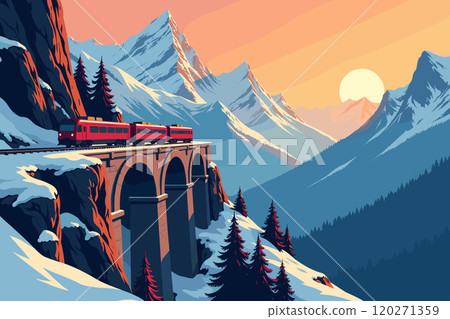 Red Train Crossing Bridge in Majestic Snowy Mountain Landscape Red Train Crossing Bridge in Majestic Snowy Mountain Landscape 120271359