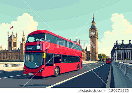 Iconic Red Double-Decker Bus Driving Near Big Ben in London Iconic Red Double-Decker Bus Driving Near Big Ben in London 120271375