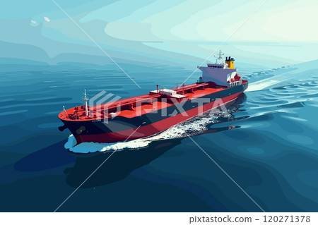Large Cargo Ship Sailing Across Open Blue Ocean Waters Large Cargo Ship Sailing Across Open Blue Ocean Waters 120271378
