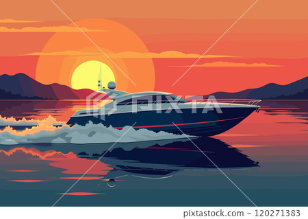 Speedboat Cruising on Water at Sunset with Vibrant Sky 120271383