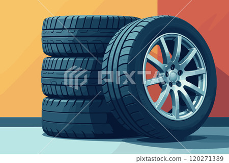 Stack of Car Tires with Alloy Wheel in Garage Setting 120271389