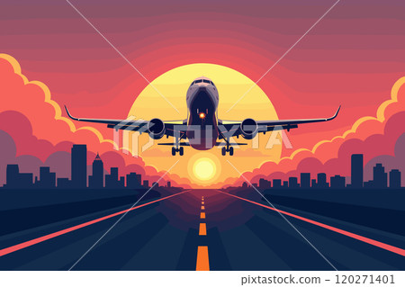 Airplane Landing Over City Skyline at Vibrant Sunset 120271401
