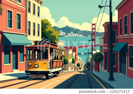 San Francisco Cable Car with Golden Gate Bridge in Background San Francisco Cable Car with Golden Gate Bridge in Background 120271417