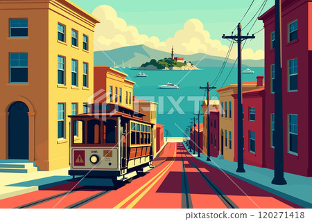 San Francisco Cable Car with Golden Gate Bridge in Background 120271418