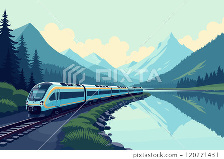 Train Passing Through Scenic Mountain and Lake Landscape 120271431