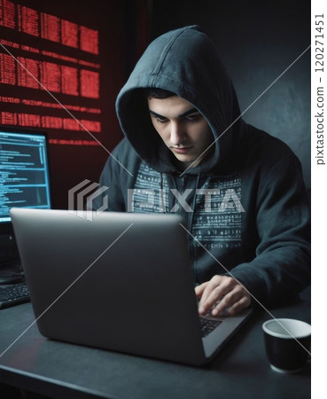 Hacker in Dark Hoodie Typing on Laptop in Dimly Lit Room Hacker in Dark Hoodie Typing on Laptop in Dimly Lit Room 120271451