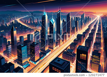 Futuristic City Skyline with Bright Highways at Dusk 120271477