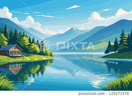 Peaceful Lakeside Cabin with Mountain and Forest Reflections Peaceful Lakeside Cabin with Mountain and Forest Reflections 120271478