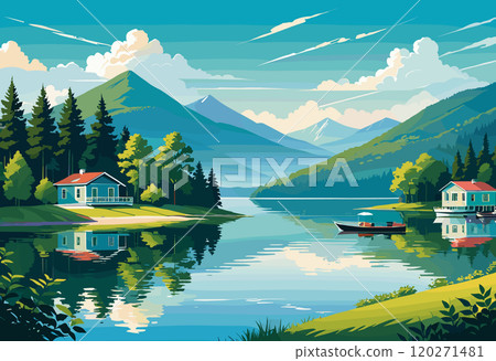 Peaceful Lakeside Cabin with Mountain and Forest Reflections 120271481