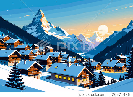 Charming Winter Village with Snow-Capped Mountains at Sunset 120271486