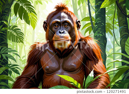 Majestic Orangutan in Lush Tropical Rainforest 120271491