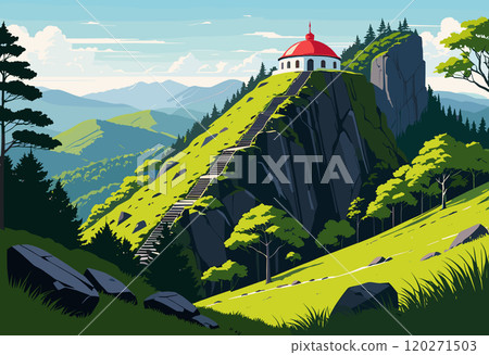 Serene Hilltop Pagoda Overlooking Verdant Mountain Landscape Serene Hilltop Pagoda Overlooking Verdant Mountain Landscape 120271503