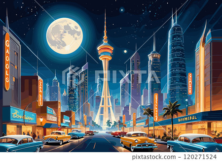 Retro Futuristic Cityscape with Full Moon and Vintage Cars Retro Futuristic Cityscape with Full Moon and Vintage Cars 120271524