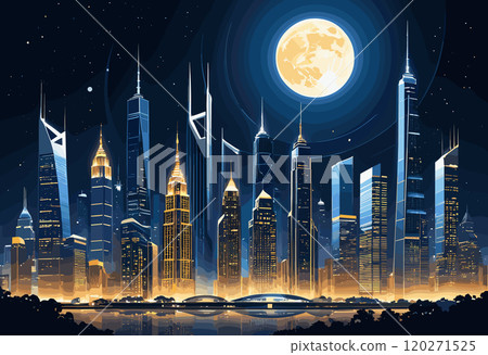Futuristic Night Cityscape with Tower and Full Moon 120271525