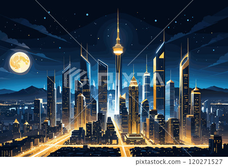 Futuristic Night Cityscape with Tower and Full Moon 120271527
