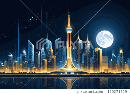 Futuristic Night Cityscape with Tower and Full Moon Futuristic Night Cityscape with Tower and Full Moon 120271529