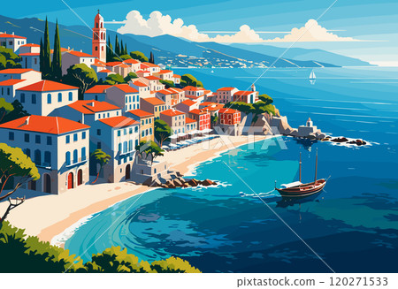 Picturesque Mediterranean Coastal Village with Red Roofs Picturesque Mediterranean Coastal Village with Red Roofs 120271533