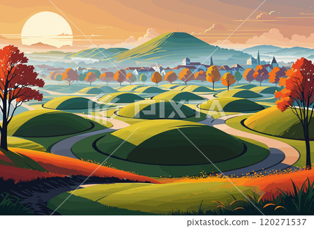 Serene Countryside Village at Sunset with Rolling Hills 120271537