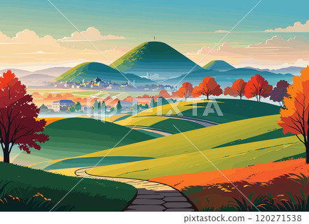 Serene Countryside Village at Sunset with Rolling Hills Serene Countryside Village at Sunset with Rolling Hills 120271538