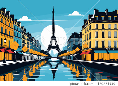 Parisian Street at Sunset with Eiffel Tower Reflection Parisian Street at Sunset with Eiffel Tower Reflection 120271539