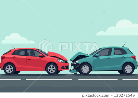 Two Cars Collide in Front-End Crash on City Street 120271549