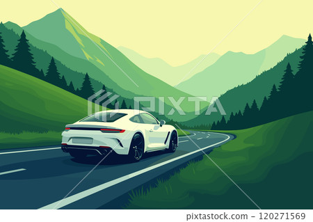 Car Driving Through Scenic Mountain Road Surrounded by Nature Car Driving Through Scenic Mountain Road Surrounded by Nature 120271569
