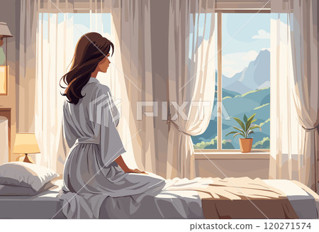 Woman in White Robe Relaxing by Sunny Bedroom Window Woman in White Robe Relaxing by Sunny Bedroom Window 120271574