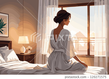 Woman in White Robe Relaxing by Sunny Bedroom Window 120271575