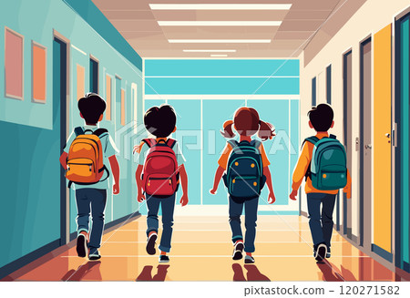 Group of Students Walking Down School Hallway with Backpacks 120271582