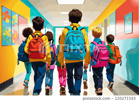 Group of Students Walking Down School Hallway with Backpacks 120271583