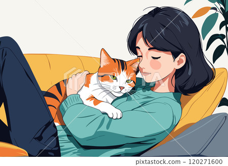 Woman Relaxing on Couch Cuddling with Cat Woman Relaxing on Couch Cuddling with Cat 120271600