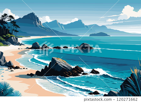Tranquil Coastal Beach with Waves and Distant Mountains 120271662