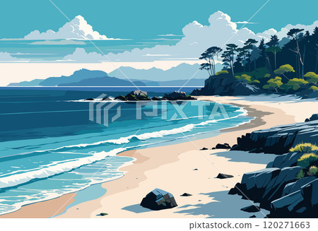 Tranquil Coastal Beach with Waves and Distant Mountains 120271663