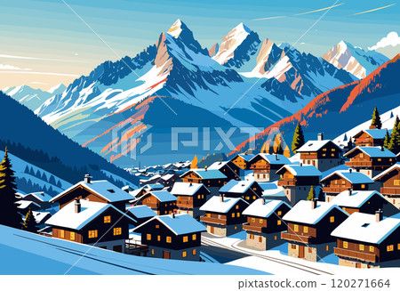 Snowy Alpine Village with Mountain Peaks at Sunrise 120271664