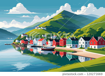Colorful Coastal Village with Mountains and Reflections on Calm Water 120271669