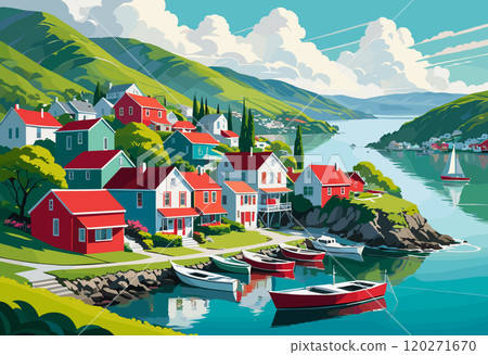 Colorful Coastal Village with Mountains and Reflections on Calm Water 120271670