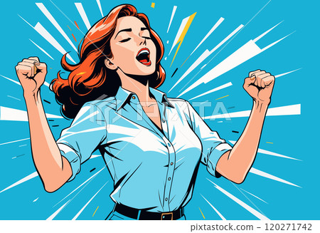 Excited Woman Celebrating Success with Fist Pump 120271742