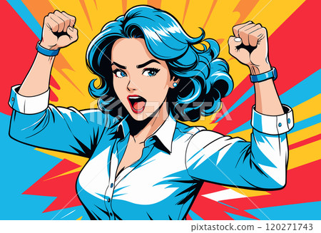 Excited Woman Celebrating Success with Fist Pump 120271743