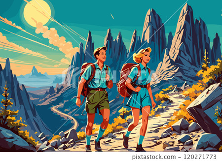 Adventurous Hikers Exploring Scenic Mountain Trail at Sunset 120271773