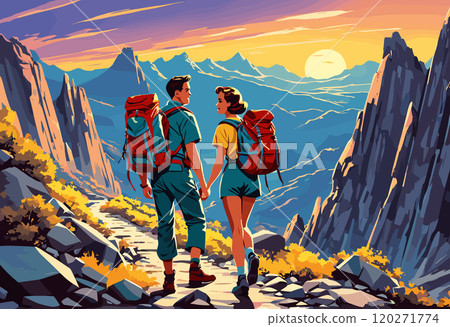 Adventurous Hikers Exploring Scenic Mountain Trail at Sunset Adventurous Hikers Exploring Scenic Mountain Trail at Sunset 120271774