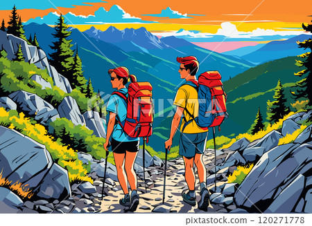 Adventurous Hikers Exploring Scenic Mountain Trail at Sunset Adventurous Hikers Exploring Scenic Mountain Trail at Sunset 120271778