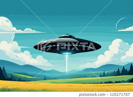 UFO Hovering Over Bright Green Field with Beam of Light UFO Hovering Over Bright Green Field with Beam of Light 120271787
